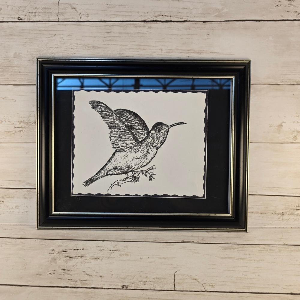 Hummingbird Ink Drawing Art Print Framed Black White Nature 12.5x10.5